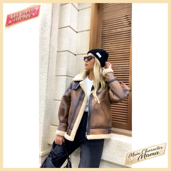 Faux Leather Sherpa Lined Bomber Jacket Aviator Style Winter Coat - Picture 7 of 7